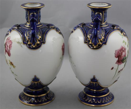 A pair of Royal Worcester ovoid two handled vases, c.1897, 19.5cm